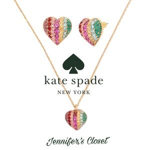NWT ♠️ Kate Spade Multicolor Pave Heart Earrings & Pendant Necklace Set.
